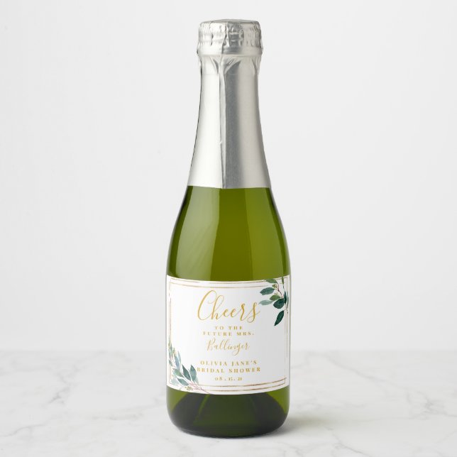 Gold Eucalyptus Bridal Shower Sparkling Wine Label (Front)