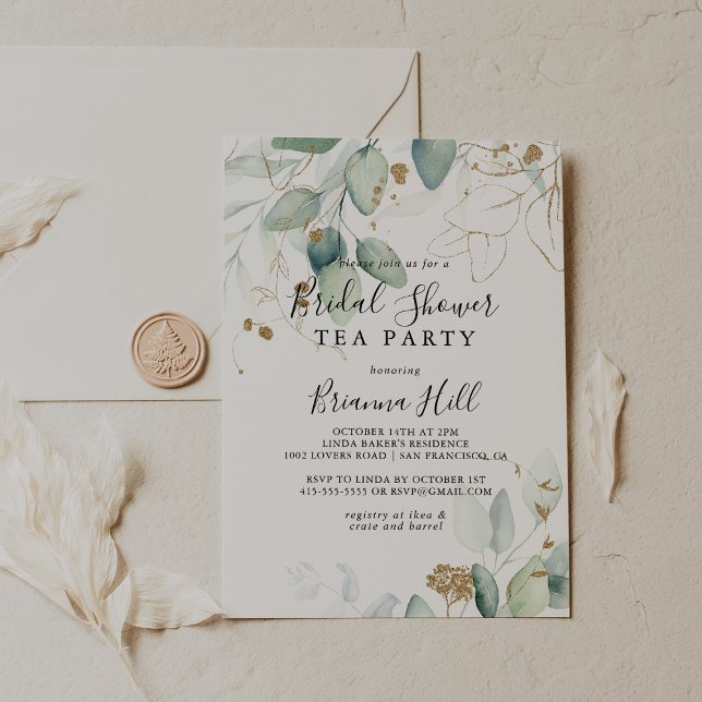Gold Eucalyptus Bridal Shower Tea Party  Invitation (Creator Uploaded)
