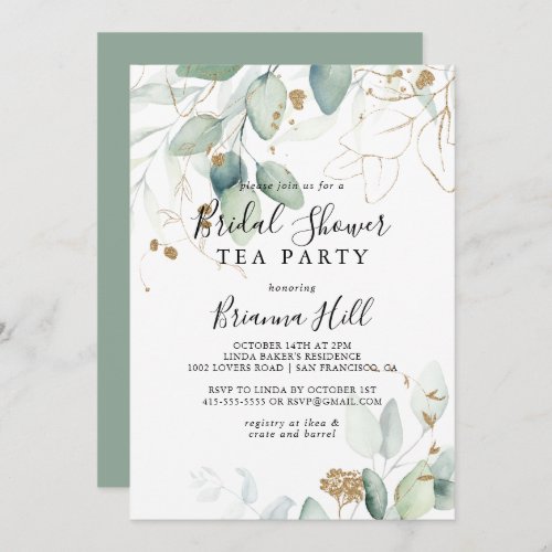 Gold Eucalyptus Bridal Shower Tea Party  Invitation