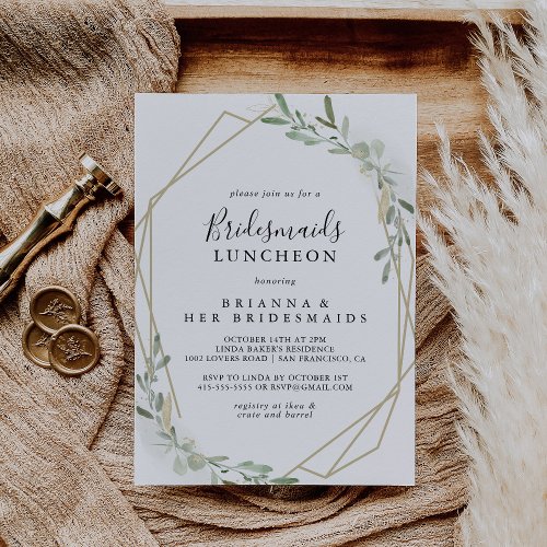 Gold Eucalyptus Bridesmaids Luncheon Shower  Invitation