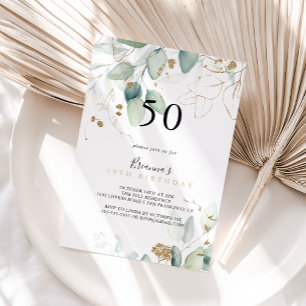 Gold Eucalyptus Calligraphy 50th Birthday Party Invitation