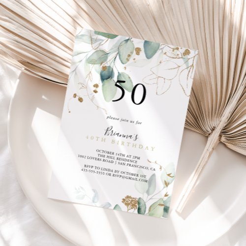 Gold Eucalyptus Calligraphy 50th Birthday Party  