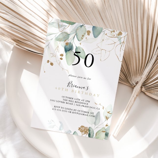 Gold Eucalyptus Calligraphy 50th Birthday Party   Invitation (Creator Uploaded)