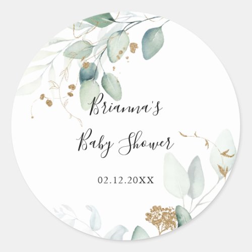 Gold Eucalyptus Calligraphy Baby Shower Favor  Classic Round Sticker
