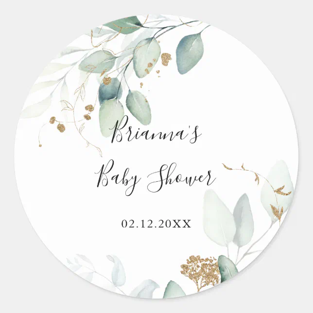 Gold Eucalyptus Calligraphy Baby Shower Favor Classic Round Sticker 