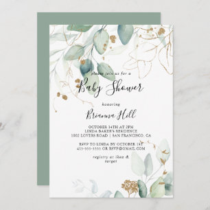 Gold Eucalyptus Calligraphy Baby Shower Invitation