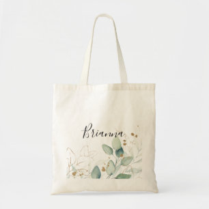 Gold Eucalyptus Calligraphy Bridesmaid Tote Bag