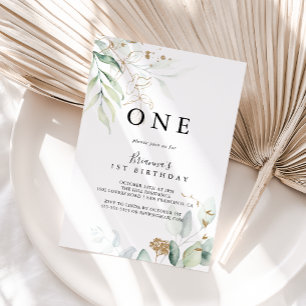 Gold Eucalyptus Calligraphy First Birthday Party Invitation
