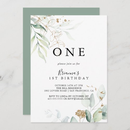  Gold Eucalyptus Calligraphy First Birthday Party  Invitation