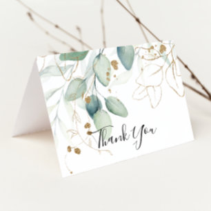 Gold Eucalyptus Calligraphy Folded Wedding  Letterpress Thank You Card