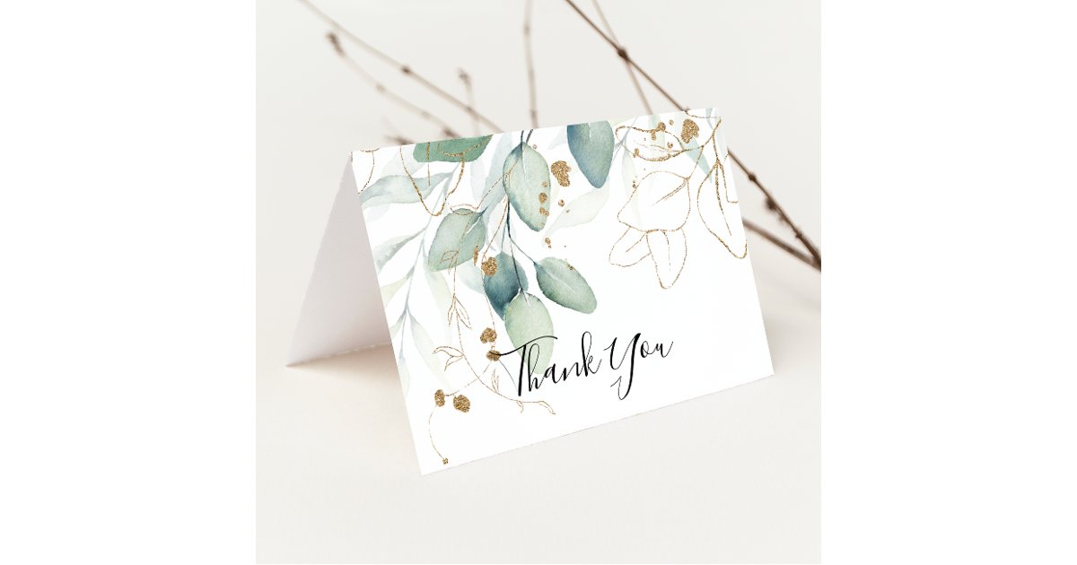 Gold Eucalyptus Calligraphy Folded Wedding Thank You Card | Zazzle