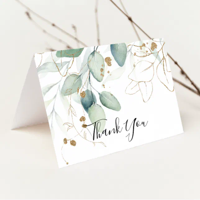 Gold Eucalyptus Calligraphy Folded Wedding Thank You Card | Zazzle