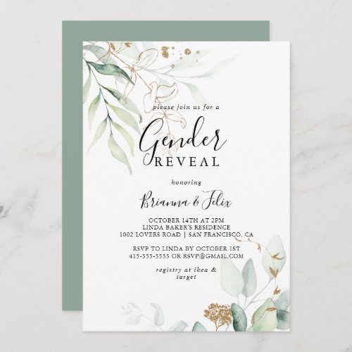 Gold Eucalyptus Calligraphy Gender Reveal Party  Invitation