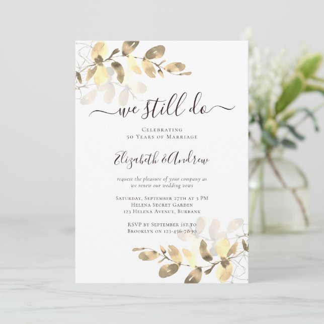Gold Eucalyptus Calligraphy Golden Wedding  Invitation (Standing Front)