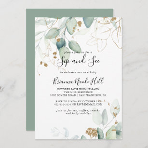  Gold Eucalyptus Calligraphy Sip and See  Invitation