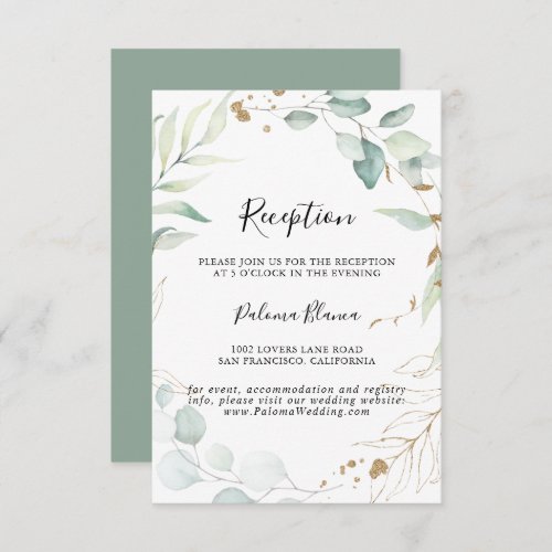 Gold Eucalyptus Calligraphy Wedding Reception  Enclosure Card