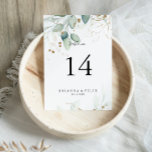 Gold Eucalyptus Calligraphy Wedding  Table Number<br><div class="desc">This gold eucalyptus calligraphy wedding table number is perfect for a rustic wedding. This artistic design features hand-drawn watercolor gold and green foliage,  inspiring natural beauty.

This is a double sided table number. Add each table number you need to your cart individually.</div>