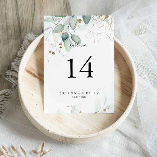 Gold Eucalyptus Calligraphy Wedding  Table Number