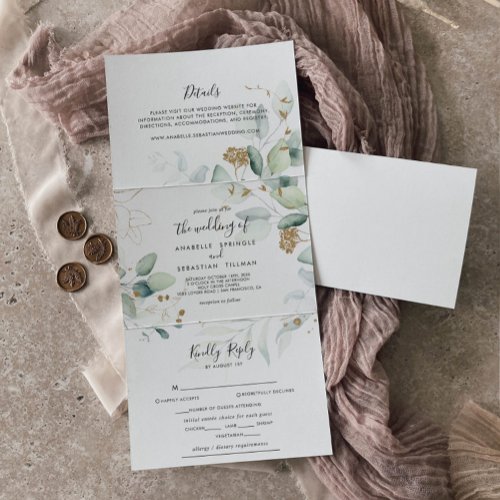 Gold Eucalyptus Calligraphy Wedding Tri_Fold Invitation