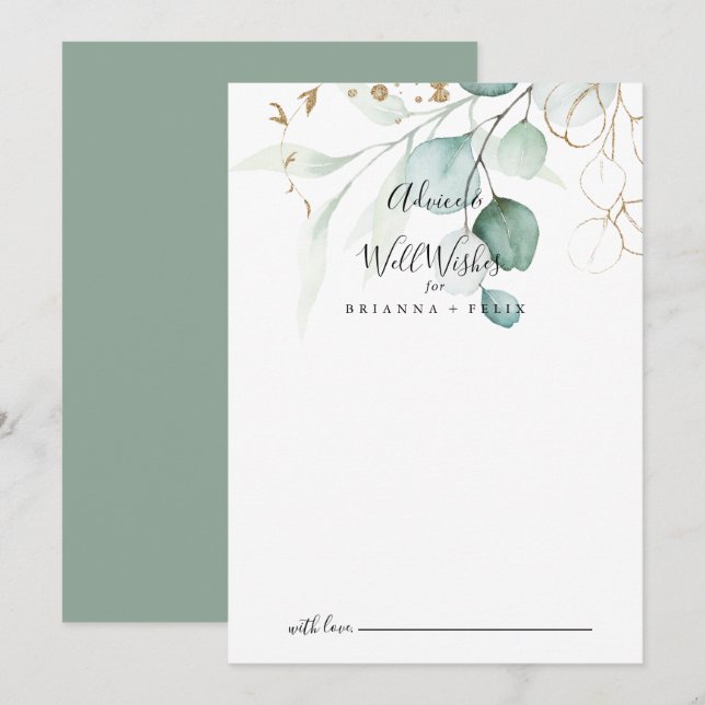  Gold Eucalyptus Calligraphy Wedding Well Wishes  Advice Card (Front/Back)
