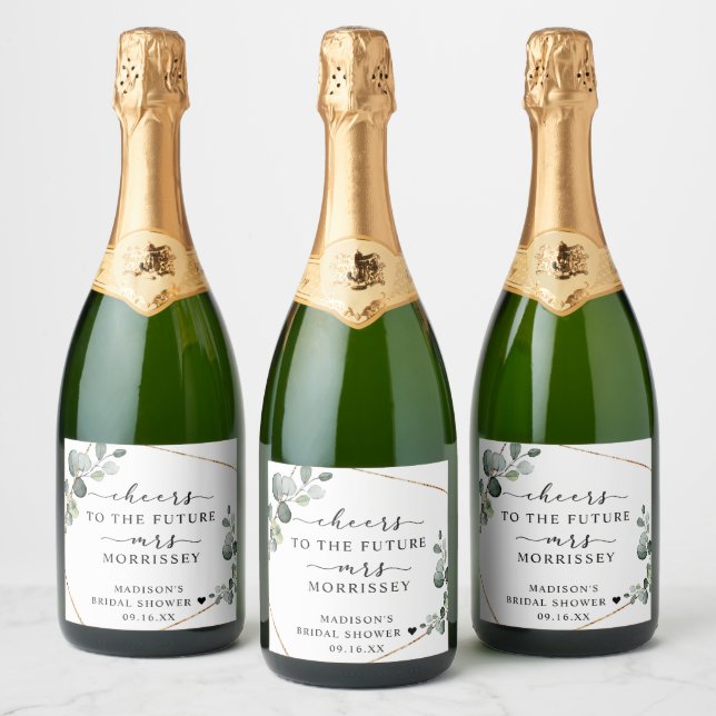 Gold Eucalyptus Cheers Bridal Shower Sparkling Wine Label (Bottles)