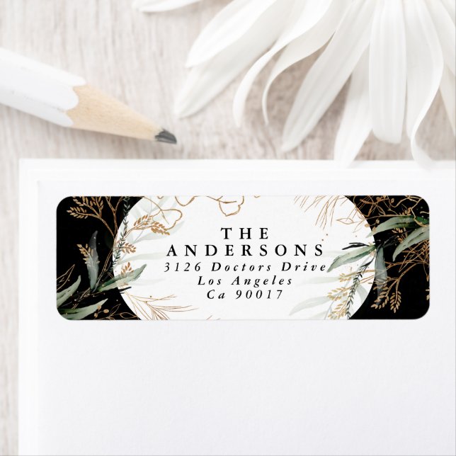 Gold Eucalyptus Elegant Black Onyx Return address Label (Insitu)