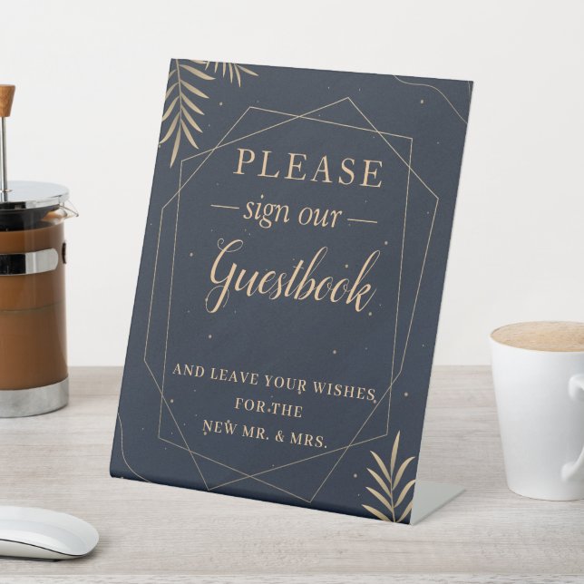 Gold Eucalyptus Geometric Wedding Guestbook Pedestal Sign (In SItu)