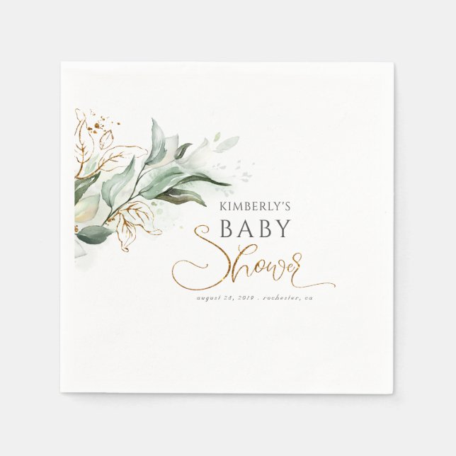 Gold Eucalyptus Greenery Baby Shower Napkins (Front)