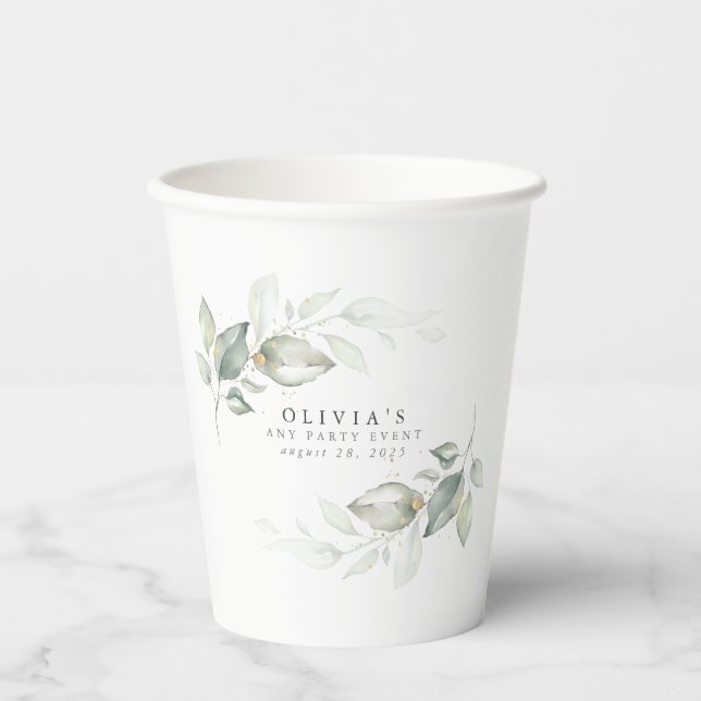 Gold Eucalyptus Greenery Boho Dreamy Watercolor Paper Cups (Front)