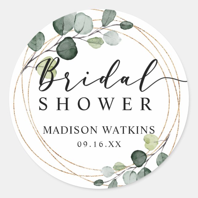 Gold Eucalyptus Greenery Bridal Shower Favor Classic Round Sticker (Front)