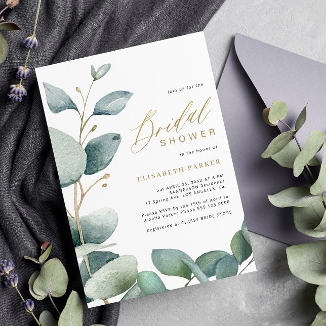 Gold eucalyptus greenery bridal shower invitation (Creator Uploaded)