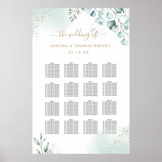 Gold Eucalyptus Greenery Leaves Wedding Seating Poster (Front)