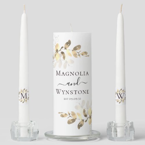 Gold Eucalyptus Greenery Monogram Wedding  Unity Candle Set