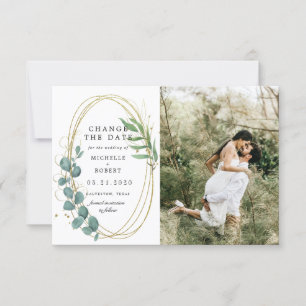 gold eucalyptus greenery two Photo Change the Date Invitation