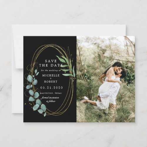 gold eucalyptus greenery two Photo Save The Date  Invitation