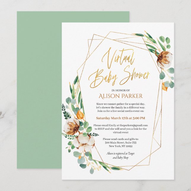 Gold Eucalyptus Greenery Virtual Baby Shower Invitation (Front/Back)