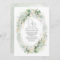 Gold Eucalyptus Greenery Wreath Boho Baby Shower Invitation