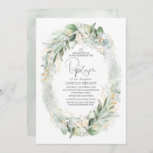 Gold Eucalyptus Greenery Wreath Boho Baptism Invitation