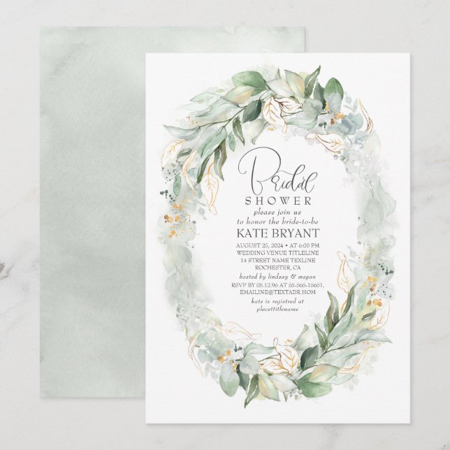 Gold Eucalyptus Greenery Wreath Boho Bridal Shower Invitation (Front/Back)