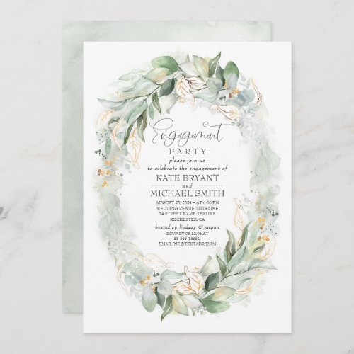 Gold Eucalyptus Greenery Wreath Engagement Party Invitation