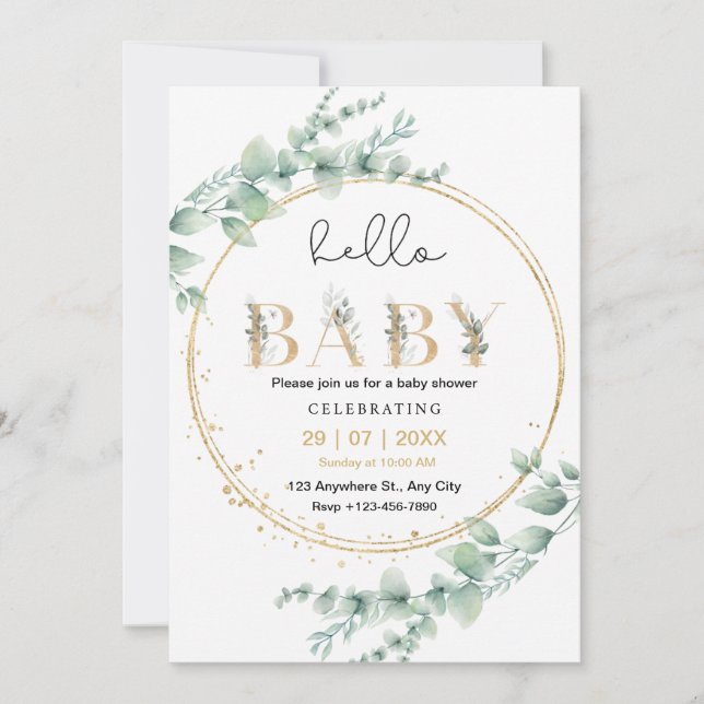 Gold Eucalyptus Hello Baby Invitation (Front)