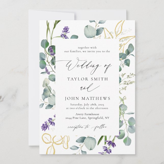Gold Eucalyptus Lavender Calligraphy Wedding Invitation (Front)