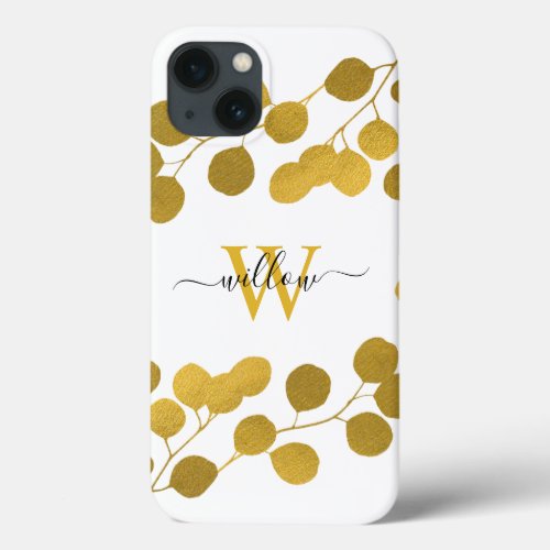 Gold Eucalyptus Leaves Foliage Monogrammed  iPhone 13 Case