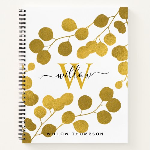 Gold Eucalyptus Leaves Foliage Monogrammed Recipe Notebook