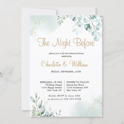 Gold Eucalyptus Leaves Greenery Rehearsal Dinner Invitation