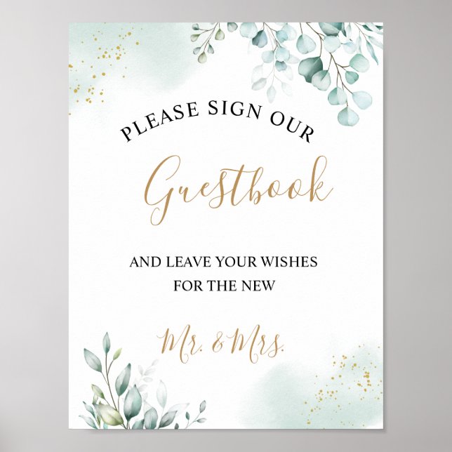 Gold Eucalyptus Leaves Greenery Wedding Guestbook (Front)