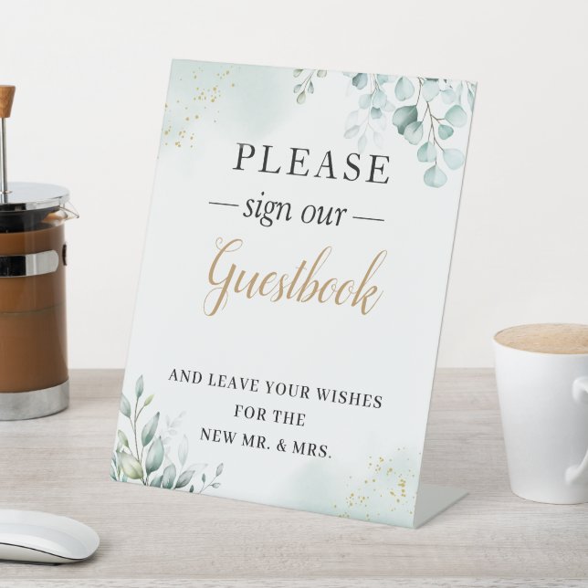 Gold Eucalyptus Leaves Greenery Wedding Guestbook Pedestal Sign (In SItu)