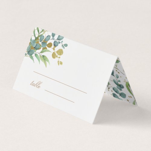 gold eucalyptus leaves greenery wedding table card