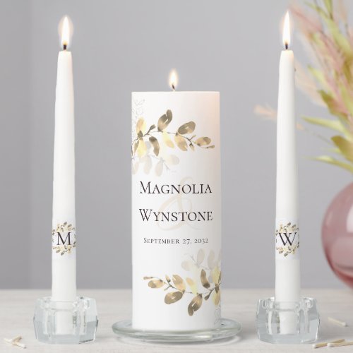 Gold Eucalyptus Monogram Wedding Unity Candle Set