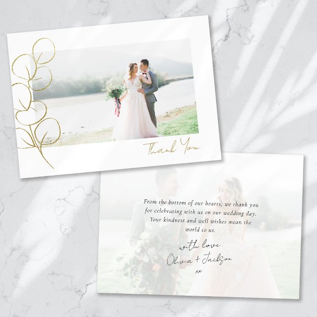Gold Eucalyptus Photo Wedding Thank You Card (Creator Uploaded)